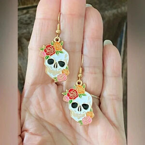 De Los Muertos Sugar Skull Flower Day of the Dead Drop Gold Tone Earrings